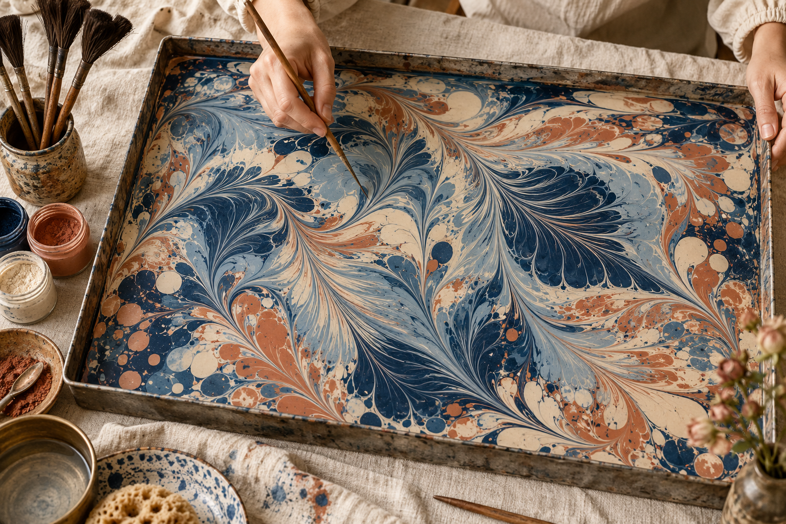 Illustrative Ebru tray and traditional marbling tools